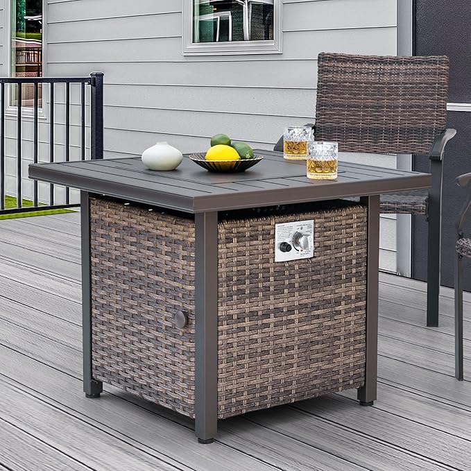 Nuu Garden 30 inch Outdoor Propane Fire Pit 50,000 BTU Gas Fire Pit Table with Lid, Hand-Woven Wicker, Square Gas Fire Table with Glass Beads for Garden, Patio, CSA Certification