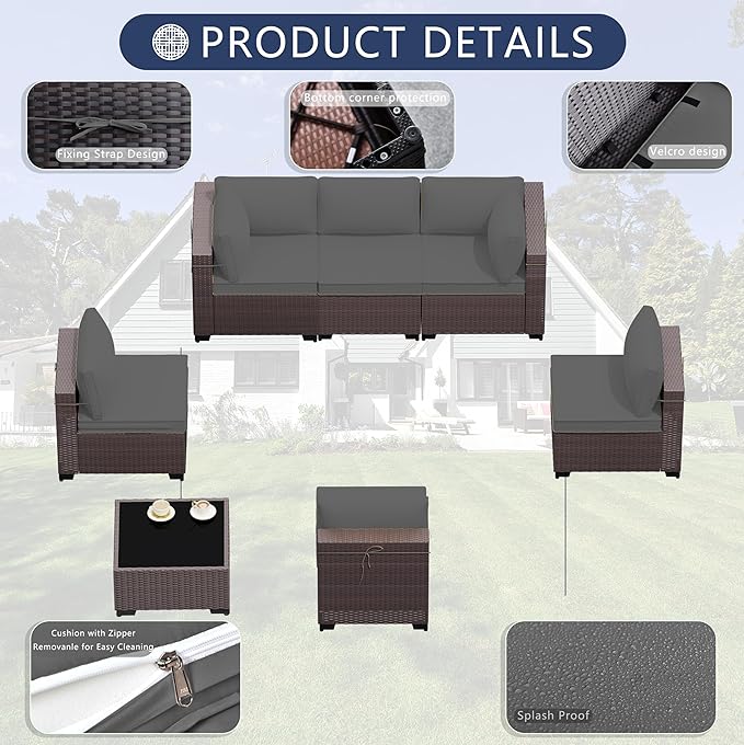 Outdoor Patio Furniture Set, 7 Pieces Outdoor Sectional Furniture Patio Sofa, All-Weather PE Rattan Patio Conversation Set with Tempered Glass Top Table & Cushions(Grey).