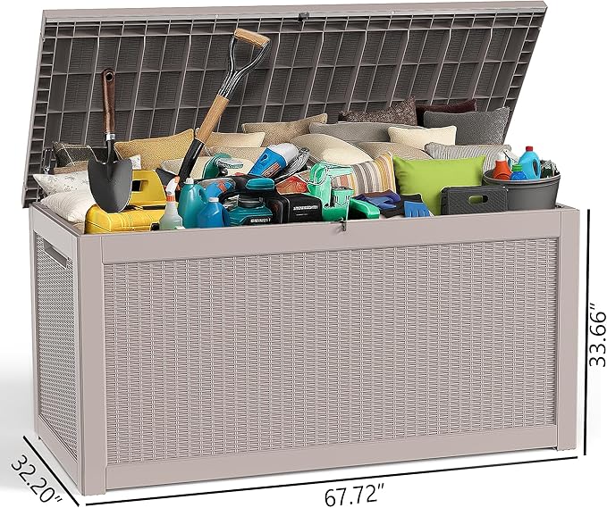 320 Gallon Deck Box XXL Large Outdoor Storage for Patio Furniture,Outdoor Cushions,Garden Tools and Pool Supplies,Waterproof,Resin,Lockable(Grey Rattan)