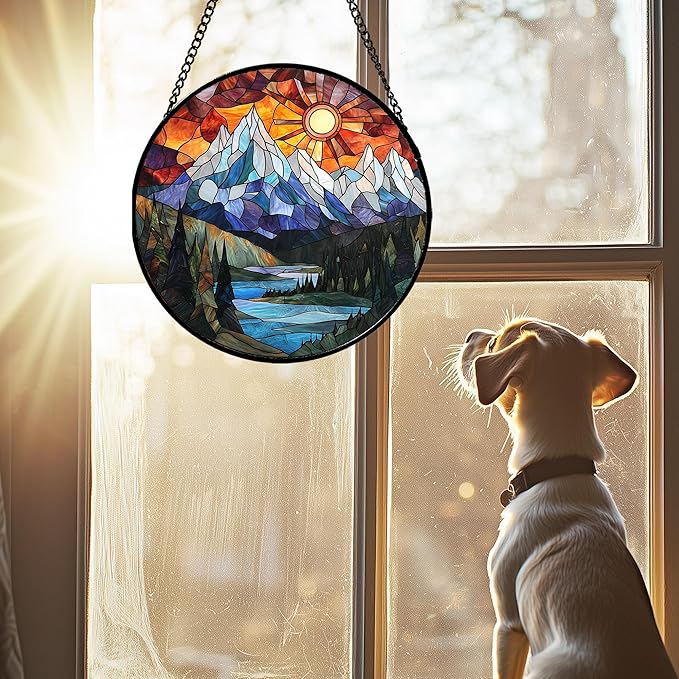 AMDERVEN Stained Glass Window Hanging - Colorful Mountain Lake Landscape Sun Catcher for Door Garden Home Decor Suncatcher Christmas Mother's Day Birthday Gifts for Women Men Mom Nana 6.3 in