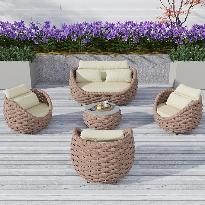 TWT 5 Pieces Patio Furniture Set, Outdoor Rope Conversation Sectional Patio Sofa with 5 Seater for Backyard, Porch, Modern Armchairs with Thickness Cushions and Side Table, Light Brown