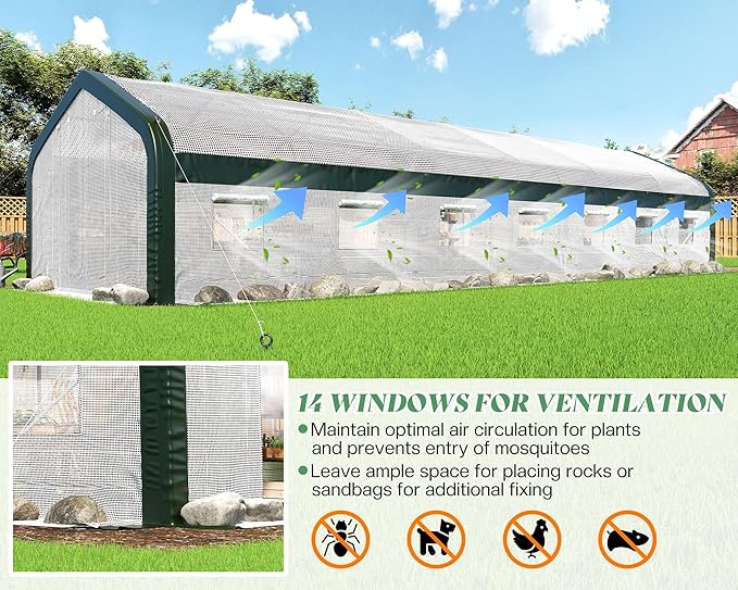 AMERLIFE 34x10x7 FT Large Walk-in Tunnel Greenhouse for Outdoors with Watering System 2 Zipper Rolling Doors, Heavy Duty Greenhouse Upgraded Galvanized Steel Frame 14 Windows, White/Green