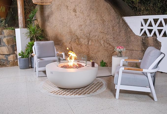 AMS Creations | Eclipse 44" Bundle Round Cast Concrete Propane Gas Fire Pit Bowl Table | Cream White | Smooth Texture Surface | Electronic Ignition | Outdoor Patio Heater Outside Backyard Fireplace
