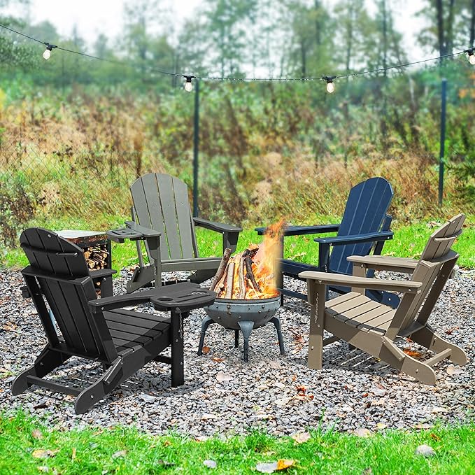 Adirondack Chair Set of 6, HDPE Folding Adirondack Chair with Multifunctional Cup Holder, Weather Resistant Fire Pit Chair for porches, patios, poolsides, Decks.
