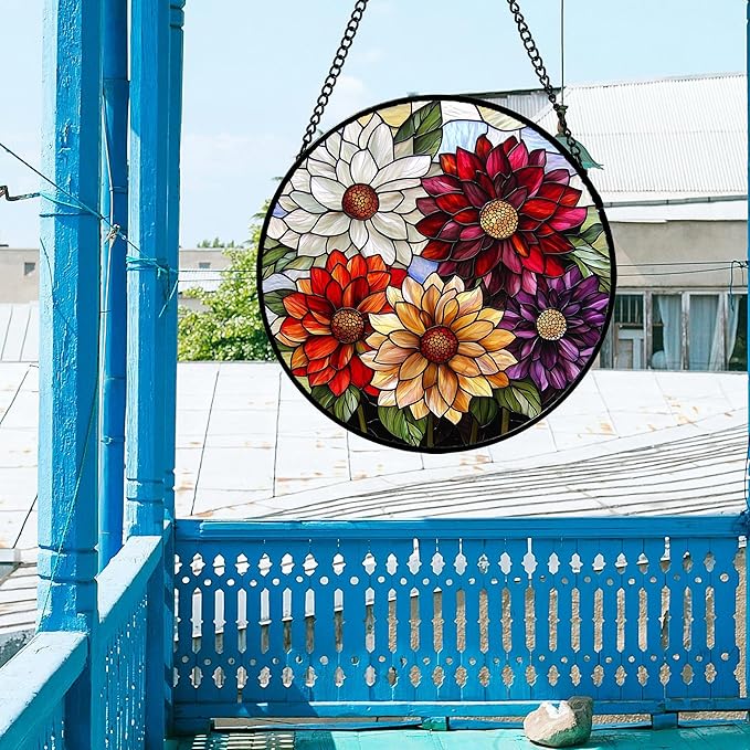AMDERVEN Stained Glass Window Hanging, Colorful Flowers Sun Catcher for Window Door Home Decor Plant Suncatcher Christmas Mother's Day Birthday Gifts for Women Men Mom and Nana 15 in
