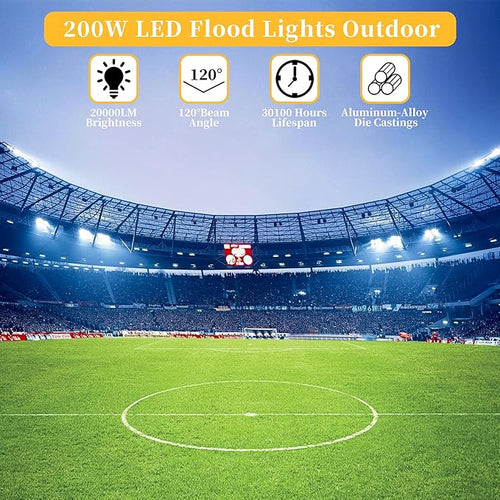 2 Pack 200W LED Flood Lights Outdoor Plug in,25000 LM Super Bright Outdoor Stadium Lights, IP66 Waterproof 6000K Daylight White Security Lights,Floodlights for Garage,Yard,Garden,Playground,Patio