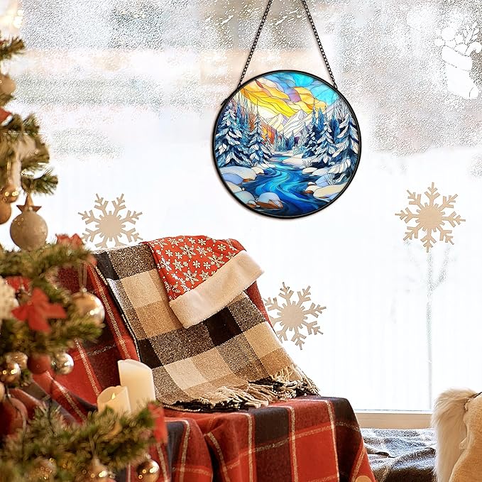 cvjutf Winter Wonderland Christmas Suncatcher Stained Glass Window Hanging Decorstions, Landscape Stained Glass Wall Decor, Winter Solstice Gifts, Forest Garden Sun Catchers Window Art, 7.9x7.9 Inch