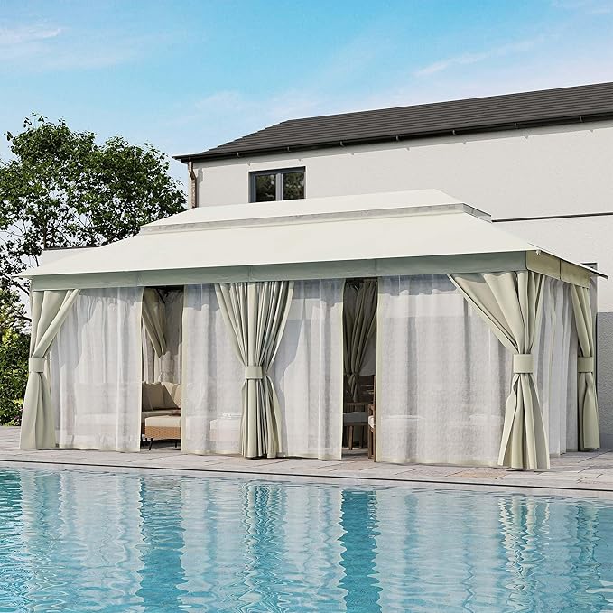 LAUSAINT HOME Gazebo 10x20ft, Heavy Duty Patio Gazebo with Expansion Bolts, Party Canopy Tent with Double Roofs, Mosquito Nettings and Privacy Screens for Backyard, Garden, Lawn, Cream White