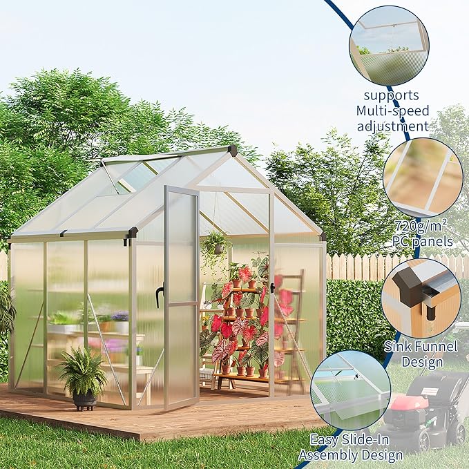 6 x 6 ft Greenhouse, Greenhouses for Outside, Polycarbonate Greenhouse with Aluminum Frame, Lockable Door and Ajustable Roof Vent for Backyard, Green Houses for Outside Garden Backyard, Patio