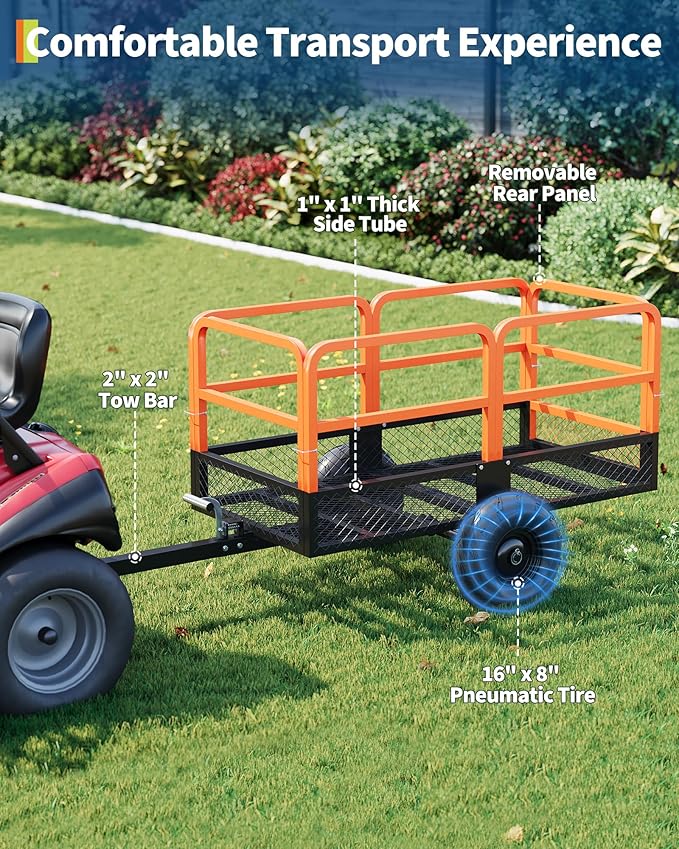 GarveeLife ATV UTV Trailer Tow Behind Dump Cart 22 Cu.ft 1600Lbs Steel, Heavy Duty Pull Behind Utility Dump Trailer for Lawn Mower Trailer Tractor Garden Yard with Removable Rear Panel