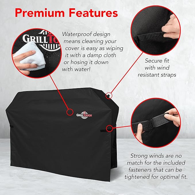 GrillTough Heavy Duty BBQ Grill Cover for Outdoor Grill, 64 Inch – Waterproof, Weather Resistant, UV & Fade Resistant with Adjustable Straps – Gas Grill Cover for Weber, Genesis, Charbroil, etc. Black