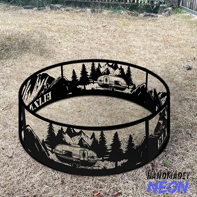 Personalized Fire Pit Ring Mountain Camper Weather Proof Custom Name 360 Degree Campfire Ring Stove Outdoor BBQs Backyard Camping Garden Decor Gifts Father Hiker Nature Lover