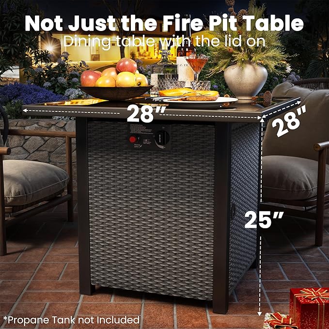 Propane Fire Pit Table, Outdoor Fire Pit Table, 28" Rattan Square Outdoor Gas Fire Pit with Glass Wind Guard, Tempered Glass Tabletop, Lid, CSA Listed, 50,000 BTU for Outside Patio Deck & Garden,Black
