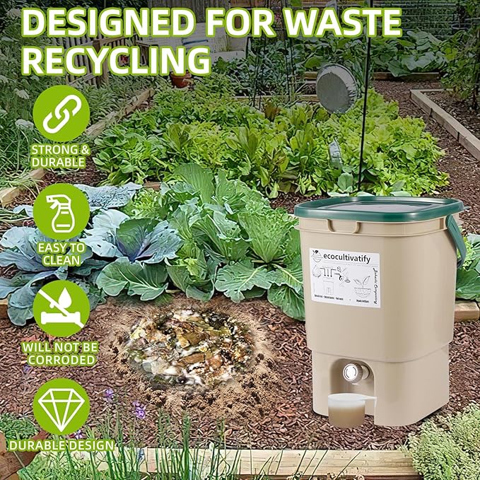 20L Bokashi Bucket with Air Sealing Lid, 5 Gallon Compost Bin, Kitchen Composter with Bran, Kitchen Compost Pail, ecocultivatify Bokashi Kit Set with Starter (Tan & Dark Green)