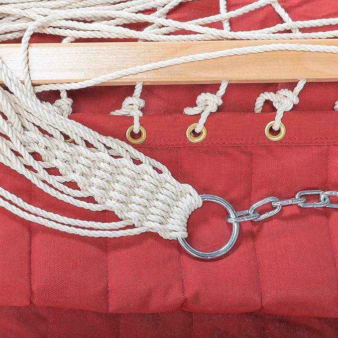 Castaway Living Large Red Quilted Polyester Hammock – 13 ft. x 55 in., 2-Person, 450 lb Capacity, Free Extension Chains & Tree Hooks – Designed for Patio, Yard & Garden Relaxation