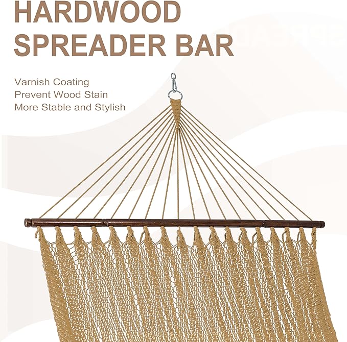 Lazy Daze Hammocks 10.5 FT Double 2 Person Caribbean Rope Hammock, Hand Woven Polyester Hammock with Spreader Bars, for Outside Outdoor Backyard Patio Poolside, 450 LBS Capacity, Tan