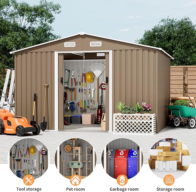 Kurapika Outdoor Storage Shed, 10x8FT Large Metal Tool House with Opening and Lockable Door, for Garden, Patio, Backyard, Lawn