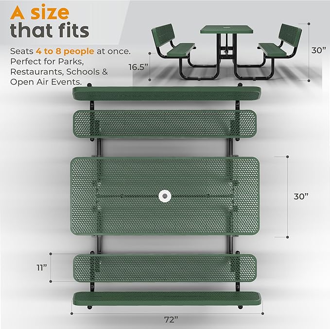 Commercial Heavy-Duty Metal Picnic Table with Backrest - ADA Compliant, Adjustable Seats, Umbrella Hole, Expanded Metal (Green, 6' Rectangular with Back)