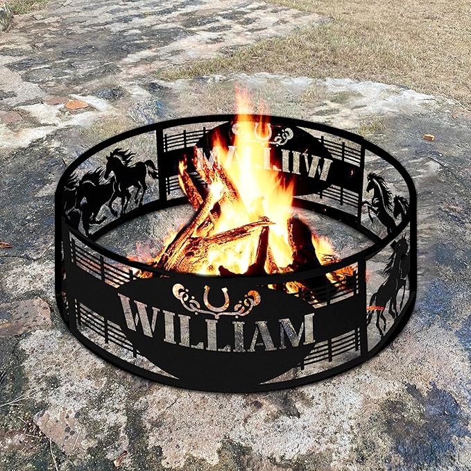 Horses Personalized Fire Pit Ring Racing Horse Custom Name Metal Campfire Ring 360 Degree Firepit Outdoor BBQs Backyard Camping Garden Western Decor Gifts for Father Dads Cowboy