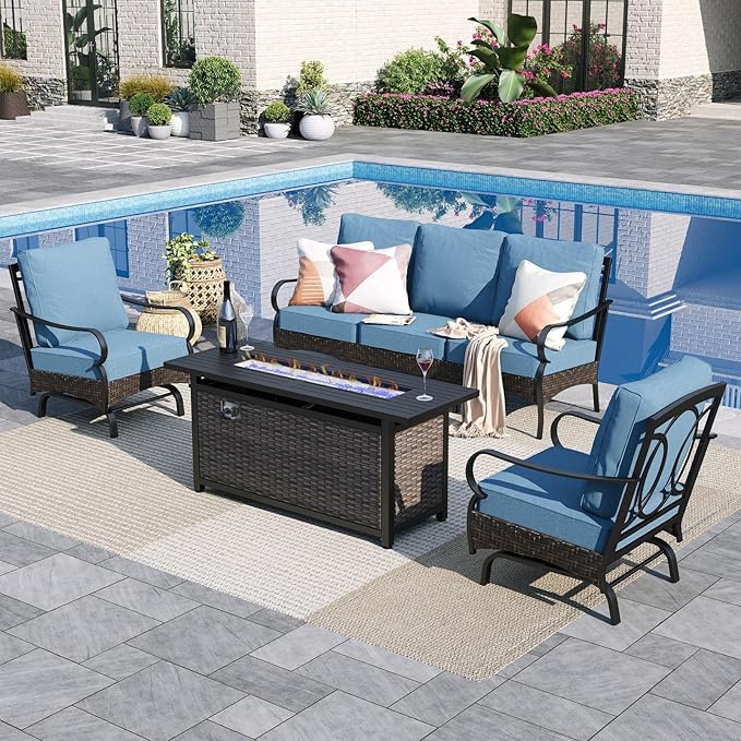 Sophia & William Patio Furniture Set with Fire Pit Table, 4 PCS Metal Outdoor Conversation Set with Fire Pit Table, 2 Sofa Chairs,3-Seater Couch for Outdoor Seating, Backyard, Porch(Navy)