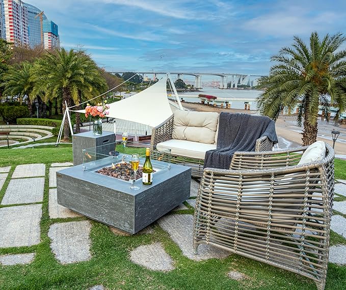 AMS Creations | Albany 36 inches Square Propane Gas Outdoor Fire Pit Table | Concrete GFRC Fire Pit Table | with SS Lid, Canvas Cover, Tank Cover, Lava Rock and Wind Guard Included
