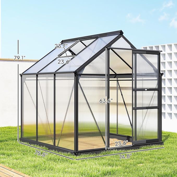 Outsunny 6' x 6' Greenhouse for Outdoors, Polycarbonate Greenhouse with Rain Gutter and Roof Vent, Aluminum Walk-in Green Houses for Outside for Patio Backyard Garden, Gray
