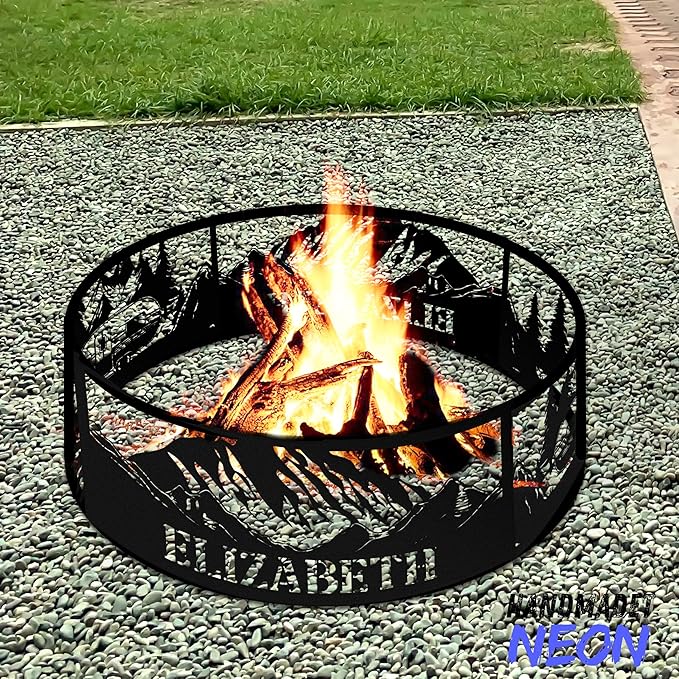 Personalized Fire Pit Ring Mountain Camper Weather Proof Custom Name 360 Degree Campfire Ring Stove Outdoor BBQs Backyard Camping Garden Decor Gifts Father Hiker Nature Lover