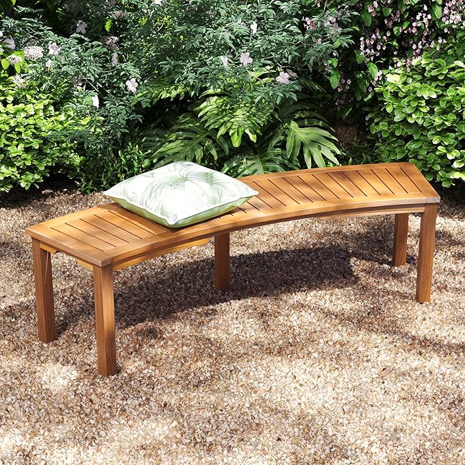 RELAX4LIFE Wooden Outdoor Curved Bench - Acacia Wood Garden Bench w/Slatted Seat, 2-Person Outside Backless Seating for Porch Backyard Deck Park, 800 LBS Load Capacity, Patio Fire Pit Bench (2, 58'')
