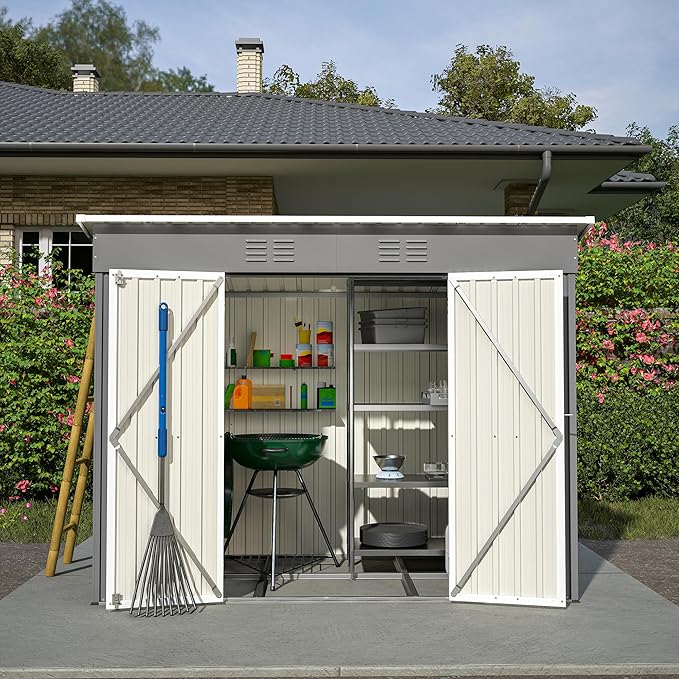 8x4 FT Outdoor Storage Metal Shed with Air Vents Sloping Roof Double Lockable Doors Waterproof Tool Galvanized Ideal for Backyard Patio Lawn Gray Shed Storage