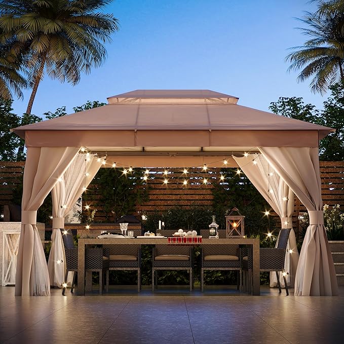 LAUSAINT HOME Outdoor Patio Gazebo 10'x13' with Expansion Bolts, Heavy Duty Party Tent & Shelter with Double Roofs, Mosquito Nettings and Privacy Screens for Backyard (Khaki)