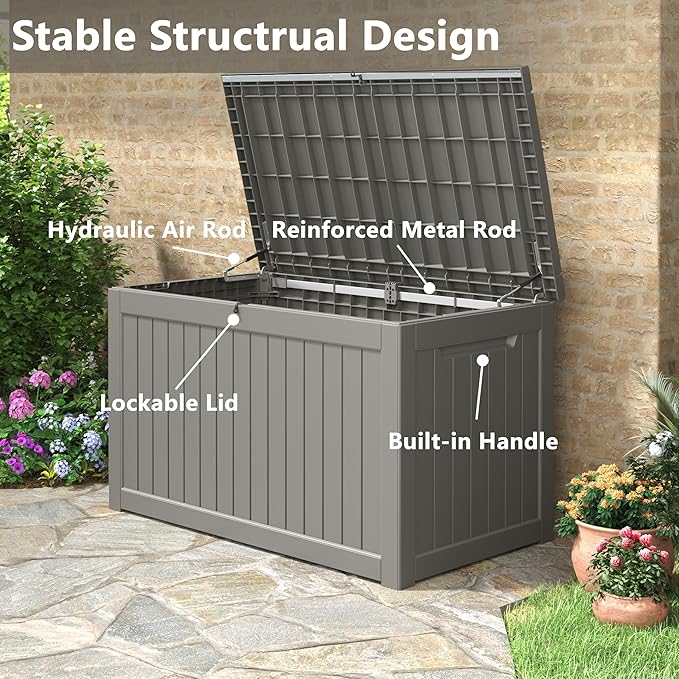 230 Gallon Large Resin deck box Waterproof,Outdoor Storage Bench,Patio Storage Box,Garden Tool Storage,UV-Resistant & All-Weather,Wood-like Striped Gray