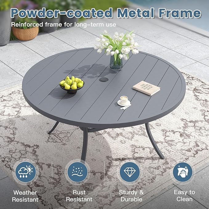 DIFY 60" Round Outdoor Patio Dining Table for 8-10, Metal Patio Table with 1.57" Adjustable Umbrella Hole, All-Weather Dining Furniture Table for Backyard Lawn Garden, Grey