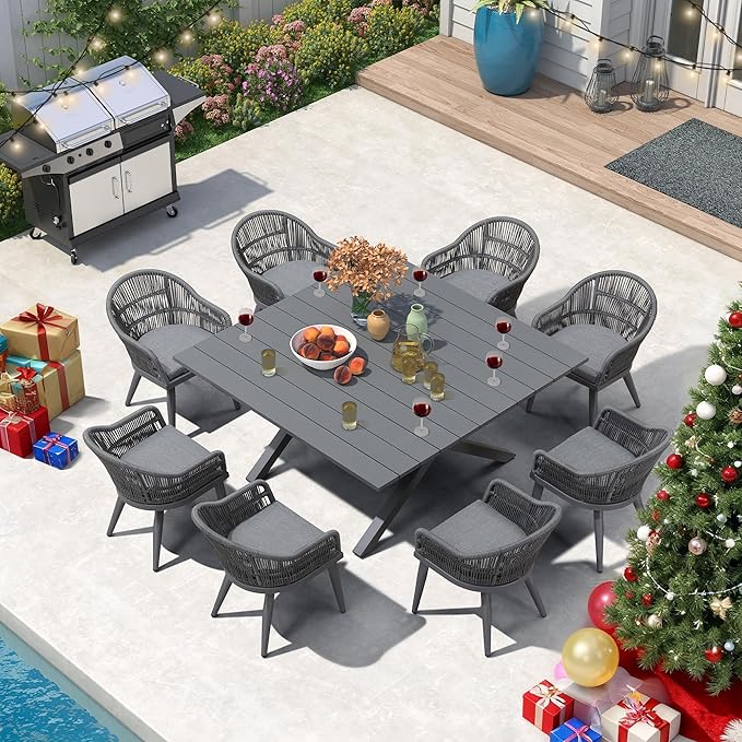 PURPLE LEAF 9 Pieces Patio Dining Set with Outdoor Aluminium Square Dining Table and Woven Rattan Chairs Modern Metal Furniture Cushions Sets for Garden Yard Indoor Decor Kitchen Grey