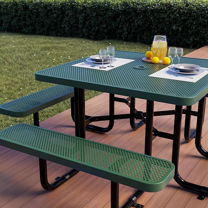 Metal Picnic Tables for Outdoors with Umbrella Hole - Coated Steel Heavy Duty Commercial Grade Furniture with Adjustable Seats (Green, 46 in, Square, Punched Steel)