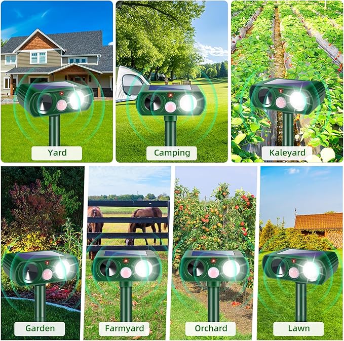 2 Pack 2026 Solar Ultrasonic Repellent Outdoor Cat Squirrel Skunk Dog Repellent for Yard,Deer Repeller Devices Motion Detection,Animal Deterrent Light for Rabbit Racoon Rodent Bird