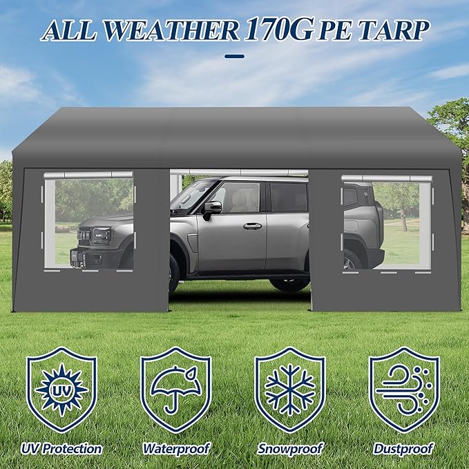 COVERONICS 12x20 FT Heavy Duty Carport Tent - Portable Outdoor Car Canopy with Roll-up Side Doors & Windows, Portable Garage with 4 Sandbags for Car, Truck and Outdoor Event, Gray