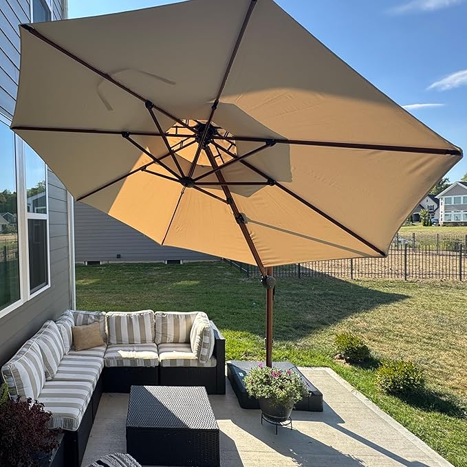 PURPLE LEAF 11ft Patio Umbrella Outdoor Round Umbrellas Large Cantilever Umbrella Windproof Offset Umbrellas Heavy Duty Sun Umbrella for Garden Deck Pool Patio, Beige