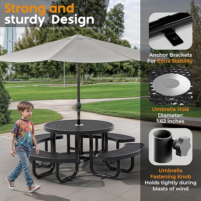 OUTTANS Round Metal Picnic Tables for Kids for Outdoors with Umbrella Hole, Adjustable Seats for School, Park, Playground (Black, 38 in, Kids, Expanded Steel)
