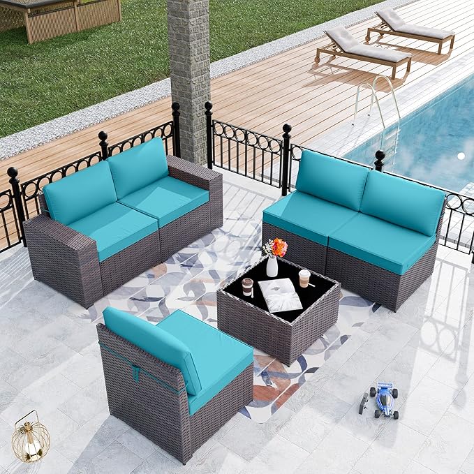 Kurapika 9 Pieces Patio Furniture Set, Rattan Sofa Set, Outdoor Conversation Sets w/Swivel Rocking Chairs Patio Sectional Sofa w/4 Inch Cushion, Blue