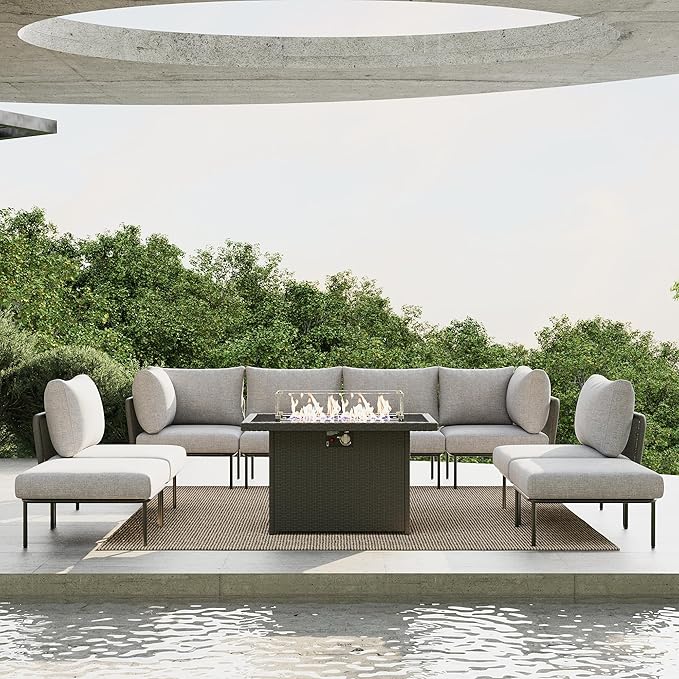 9 Piece Modern Outdoor Rope Wicker Sectional Patio L-Shaped Conversation Sofa Set Deep Seating with Fire Pit Table