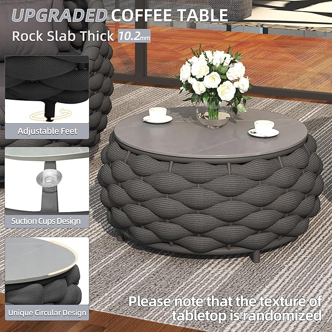TWT 6 Pieces Patio Furniture Set, Outdoor Rope Conversation Sectional Patio Sofa with 6 Seater for Backyard, Porch, Modern Armchairs with Thickness Cushions and Side Table, Dark Grey
