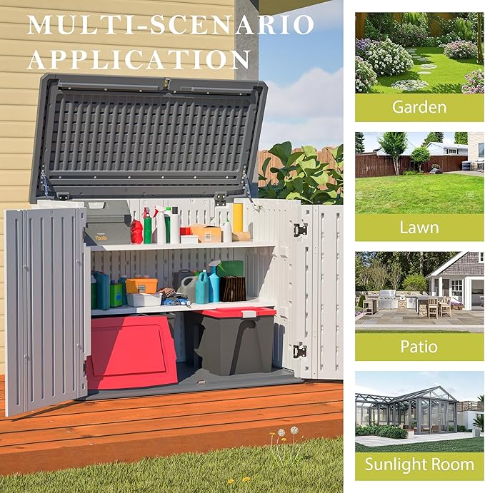 Outdoor Storage Shed Horizontal Plastic Shed W/Removable Shelf & Lockable Cabinet,Weather Resistance Foldable House W/Sloped Roof & Dual-Locking Mechanism,28 Cu.ft Garden Tool House,White