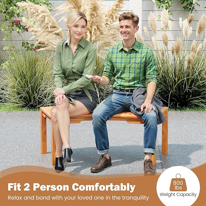 RELAX4LIFE Wooden Outdoor Curved Bench - Acacia Wood Garden Bench w/Slatted Seat, 2-Person Outside Backless Seating for Porch Backyard Deck Park, 800 LBS Load Capacity, Patio Fire Pit Bench (7, 45'')