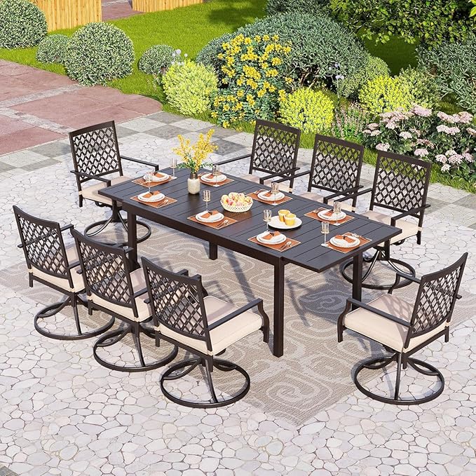 PHI VILLA Expandable Outdoor Dining Table for 6-8, Rectangle Metal Wrought Iron Extendable Table, Large Dining Furniture for Patio, Yard, Porch, Deck