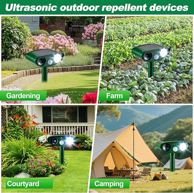 4 Pack Solar Animal Repeller for Raccoons, Deer & Squirrels - Ultrasonic & Strobe Light, Outdoor Deterrent for Cats, Dogs, Raccoons, Rabbits, Skunks, Foxes & More
