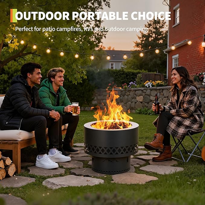 16 Inch Smokeless Fire Pit, Wood Burning Outdoor Fireplace with Removable Ash Pan & Dust Bag - Ideal for Patio BBQ, Bonfire, Camping