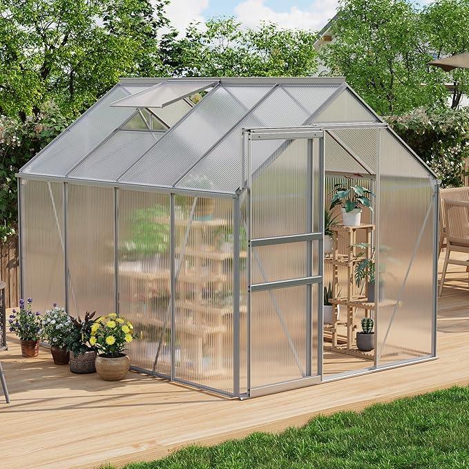 Garvee 6 x 8 FT Outdoor Greenhouse, Polycarbonate Greenhouses with Aluminum Frame, Sliding Door, Adjustable Roof Vent for Backyard, Green Houses for Outside Garden Backyard, Patio, Silver