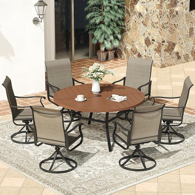 VICLLAX Round Patio Dining Table, 6 Person Metal Outdoor Dining Table with Umbrella Hole and Storage Shelf for Garden Lawn Deck, 50" Walnut