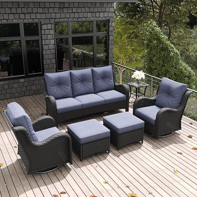 LayinSun 6 Pieces Outdoor Patio Furniture Set, Rattan Wicker Sectional Swivel Rocker Chairs Sets with Ottomans, Swivel Glider Chairs, and Coffee Table