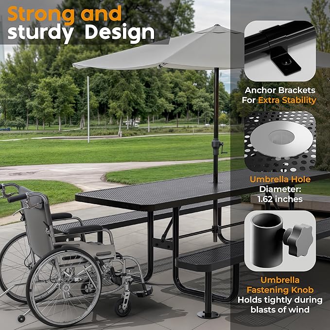 Commercial Heavy-Duty Metal Picnic Table - ADA Compliant, Adjustable Seats, Umbrella Hole (Black, 8' Rectangular, Punched Steel)